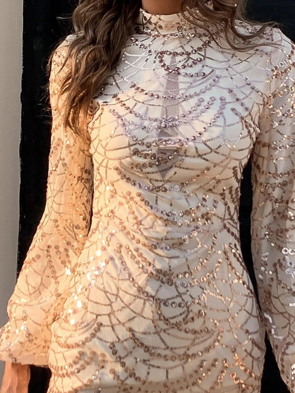 Mock Neck Sequin Bodycon Dress Flowering Girl