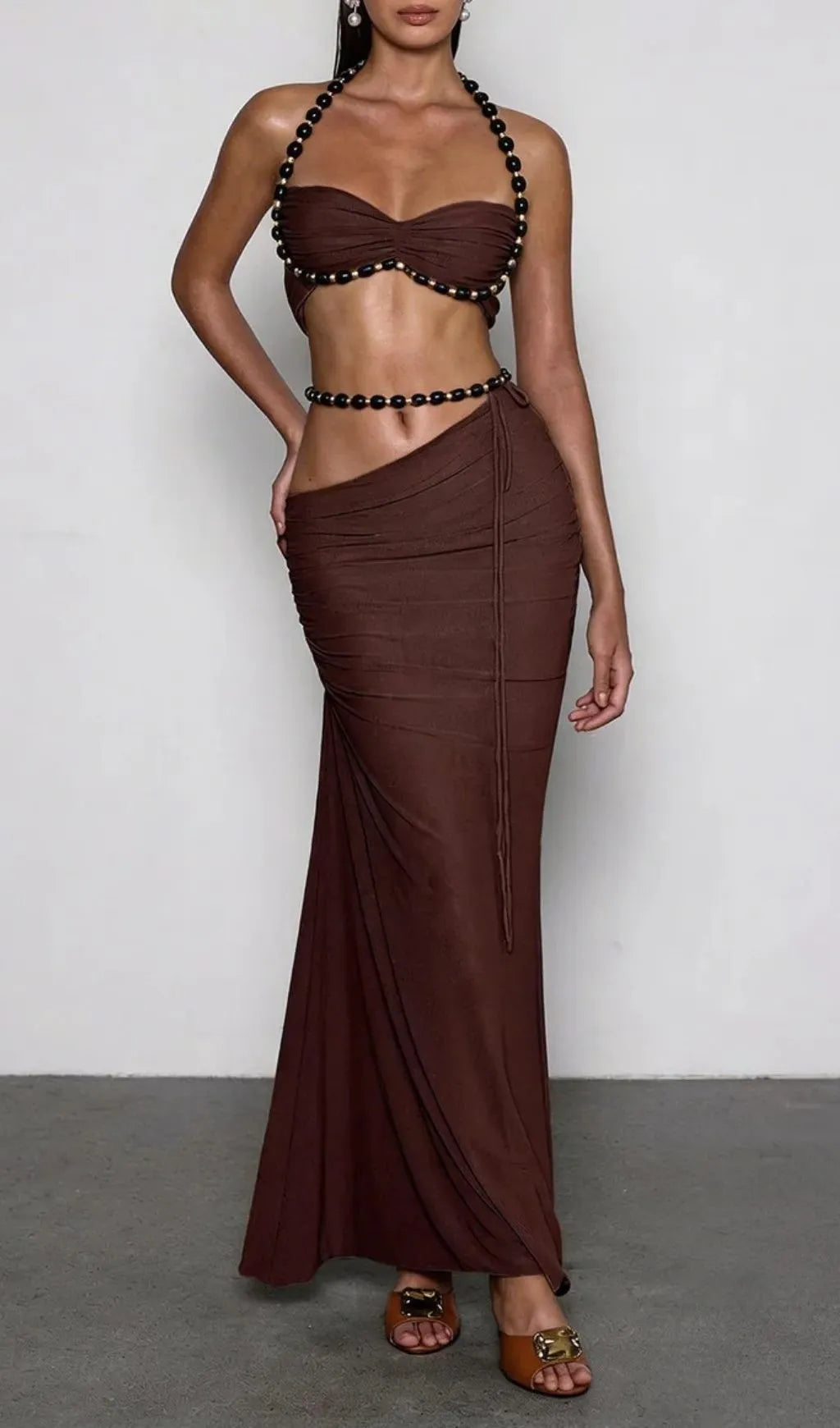 Eryna Halterneck Ruched Skirt Set In Coffee Flowering Girl