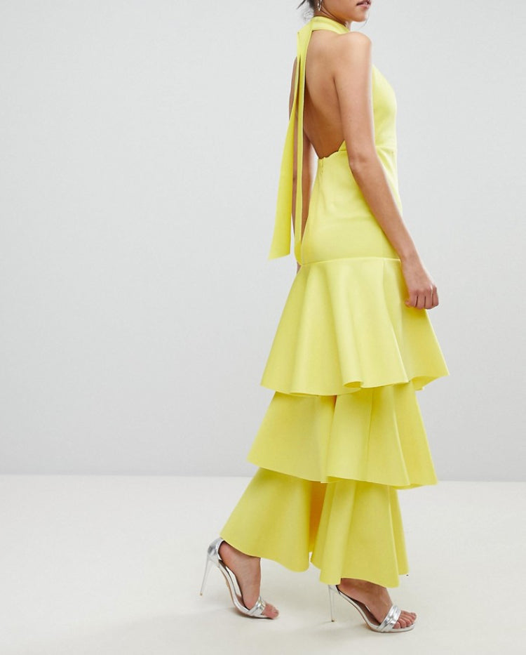 samantha layered off-shoulder midi dress in yellow Flowering Girl