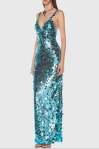 Carlin Sequin Deep V Strapless Maxi Dress In Blue Flowering Girl