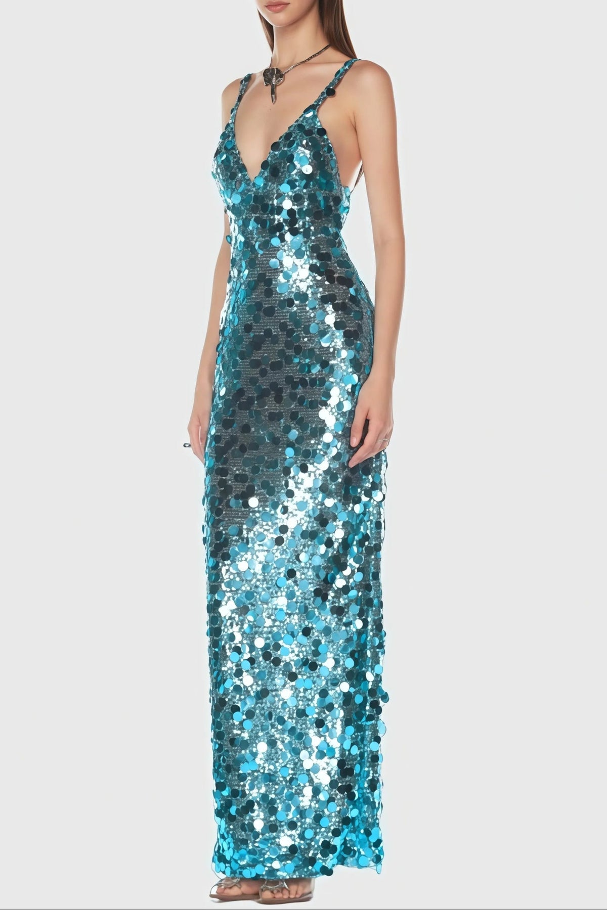 Carlin Sequin Deep V Strapless Maxi Dress In Blue Flowering Girl