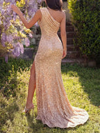 Maryinane Champagne One-Shoulder Sequin Gown Flowering Girl