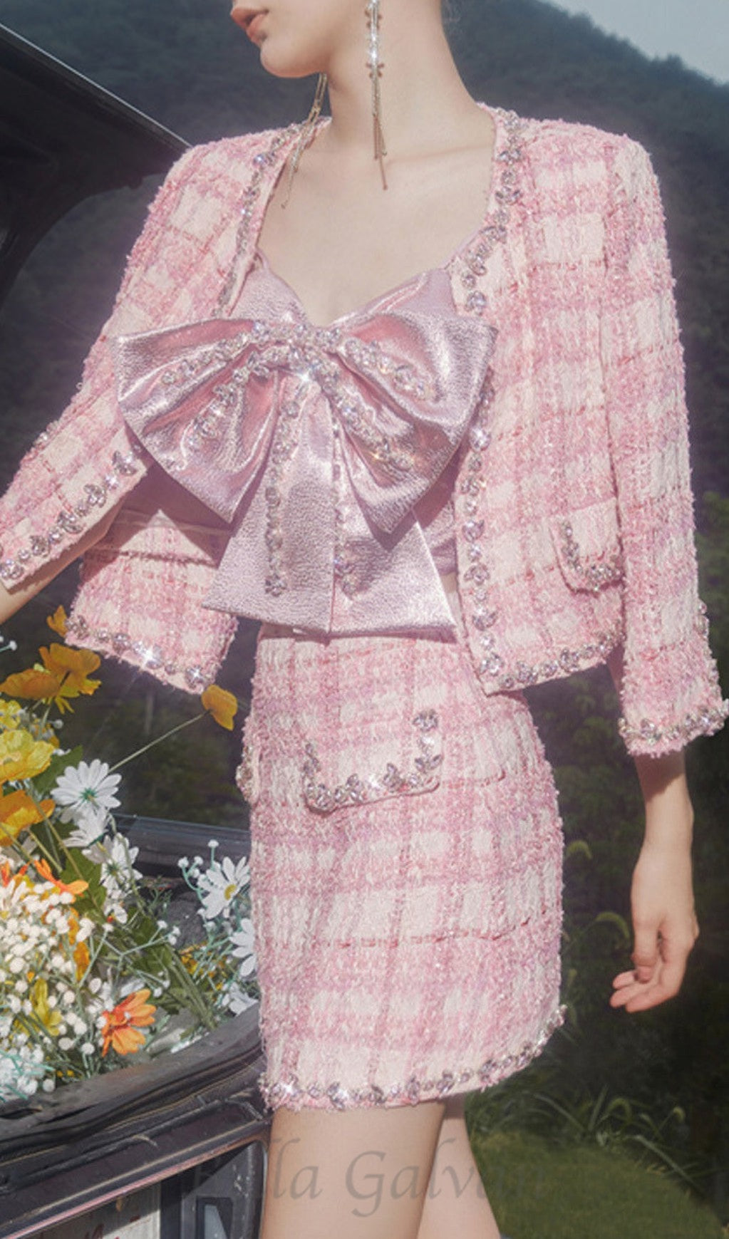 bow rhinestone two-piece set in pink Flowering Girl