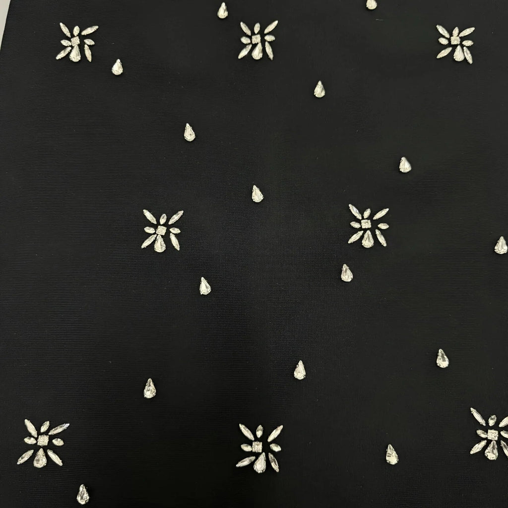 draped bardot crystal detail maxi dress in black Flowering Girl
