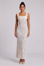 White Lace Maxi Dress with Ruffled Square Neckline Flowering Girl