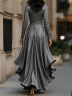 Midnight Blue Draped Satin Maxi Dress With Ruffle Details Flowering Girl