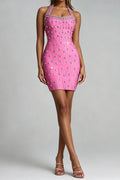 Hot Pink Rhinestone Halter Bodycon Mini Bandage Dress Flowering Girl