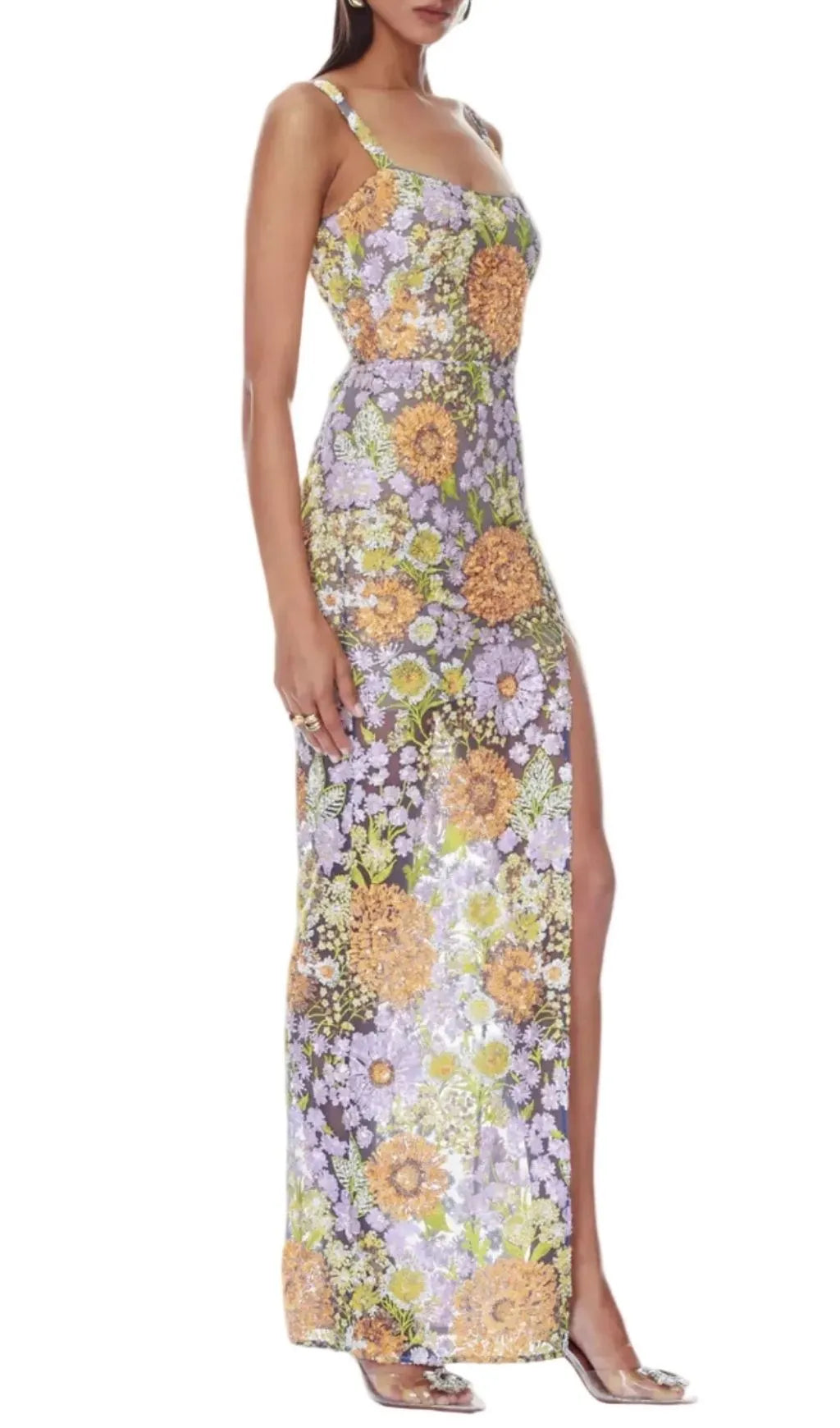 Armida Floral Sequin Slit Maxi Dress Flowering Girl