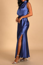 Blue Satin Sleeveless Mock Neck Maxi Dress Flowering Girl