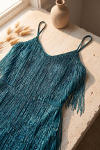 Teal Metallic Fringe Fitted Shift Dress Flowering Girl