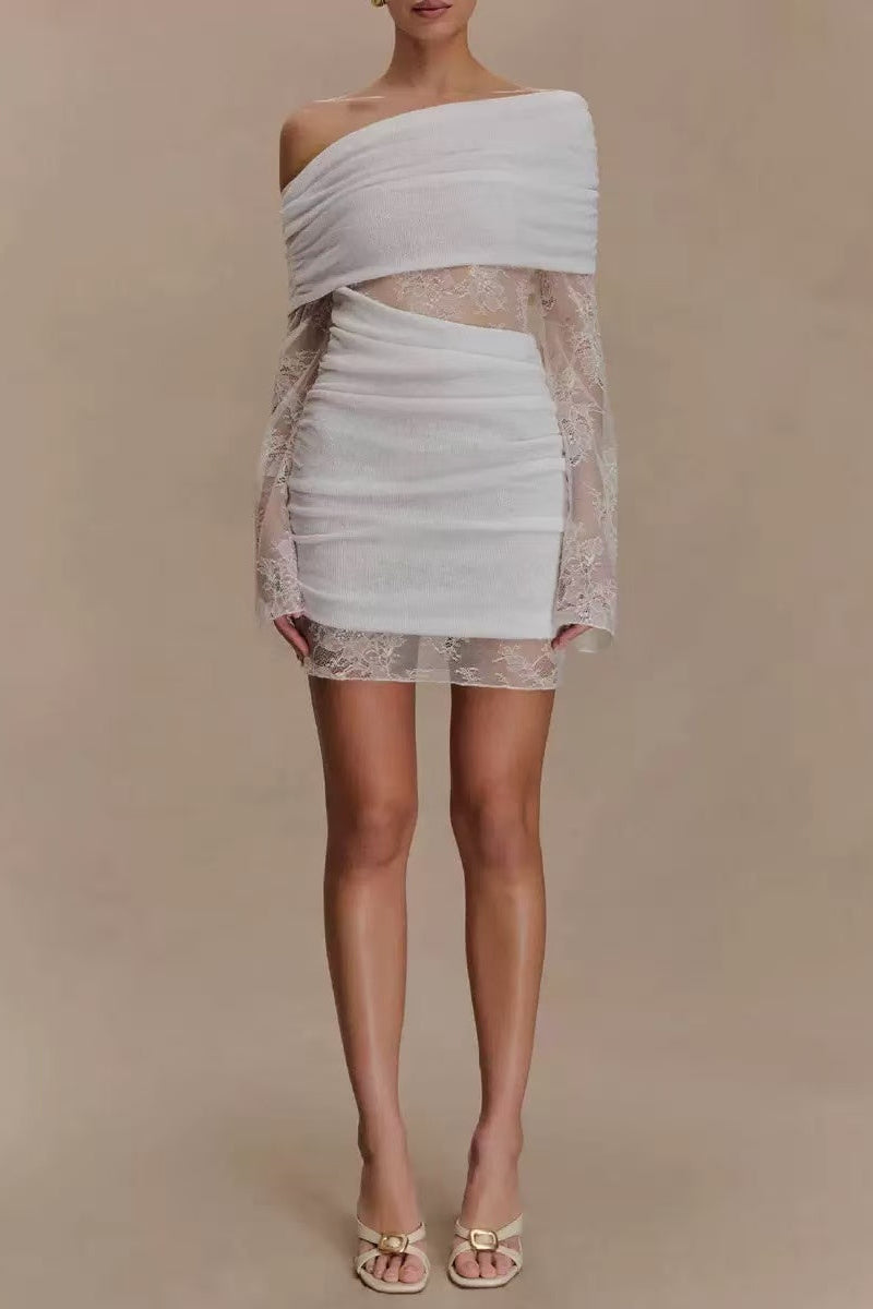 White Lace Strapless Spliced Knitted Mini Dress Flowering Girl