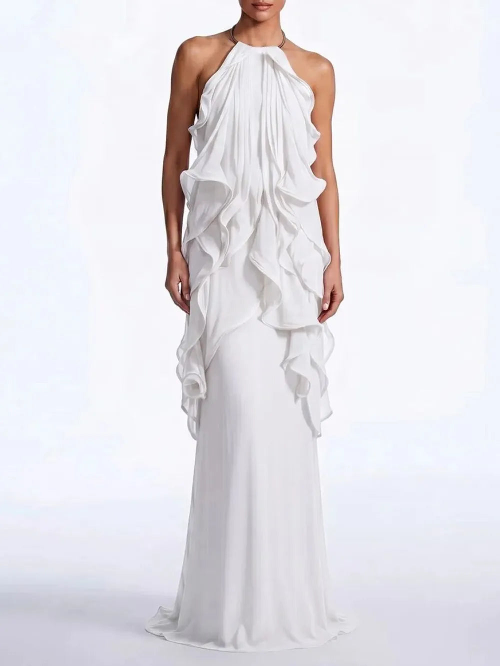 Kaelum Backless Ruffle Maxi Dress In White Flowering Girl