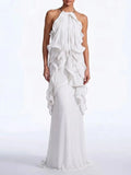 Kaelum Backless Ruffle Maxi Dress In White Flowering Girl