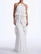 Kaelum Backless Ruffle Maxi Dress In White Flowering Girl