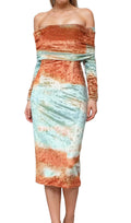 adelaide ruched velvet strapless midi dress in green brown Flowering Girl
