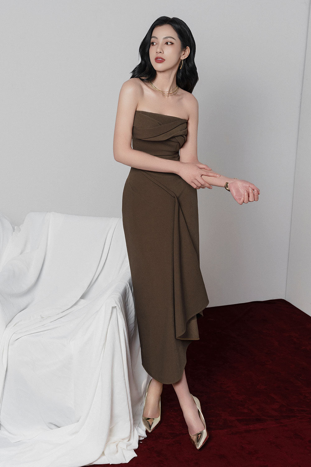 Adelaide Strapless Asymmetric Midi Dress In Brown Flowering Girl