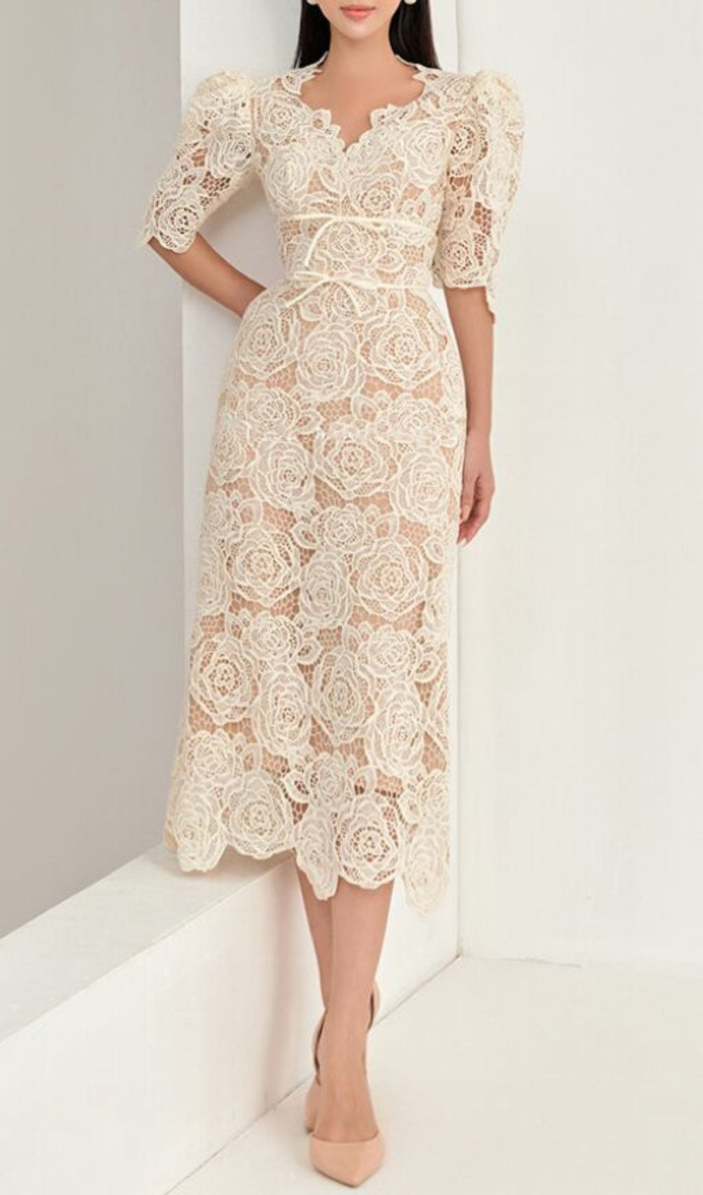 Alayja White Rose Embroidery Midi Dress Flowering Girl