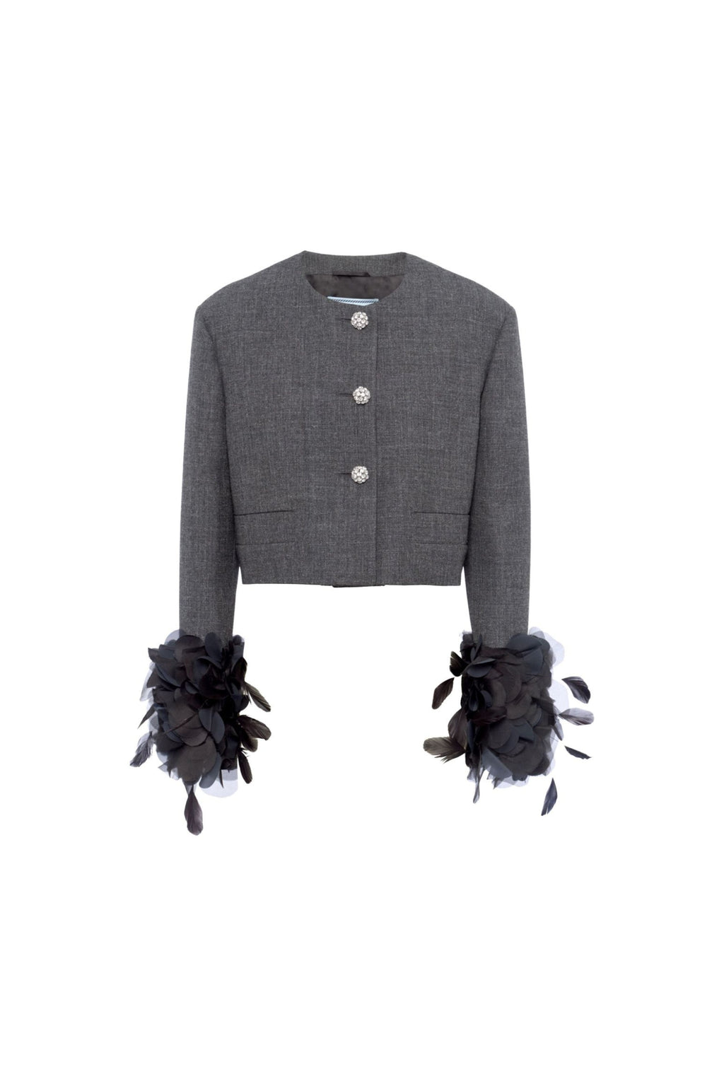 Feather-Trim Single-Breasted Wool Jacket Flowering Girl
