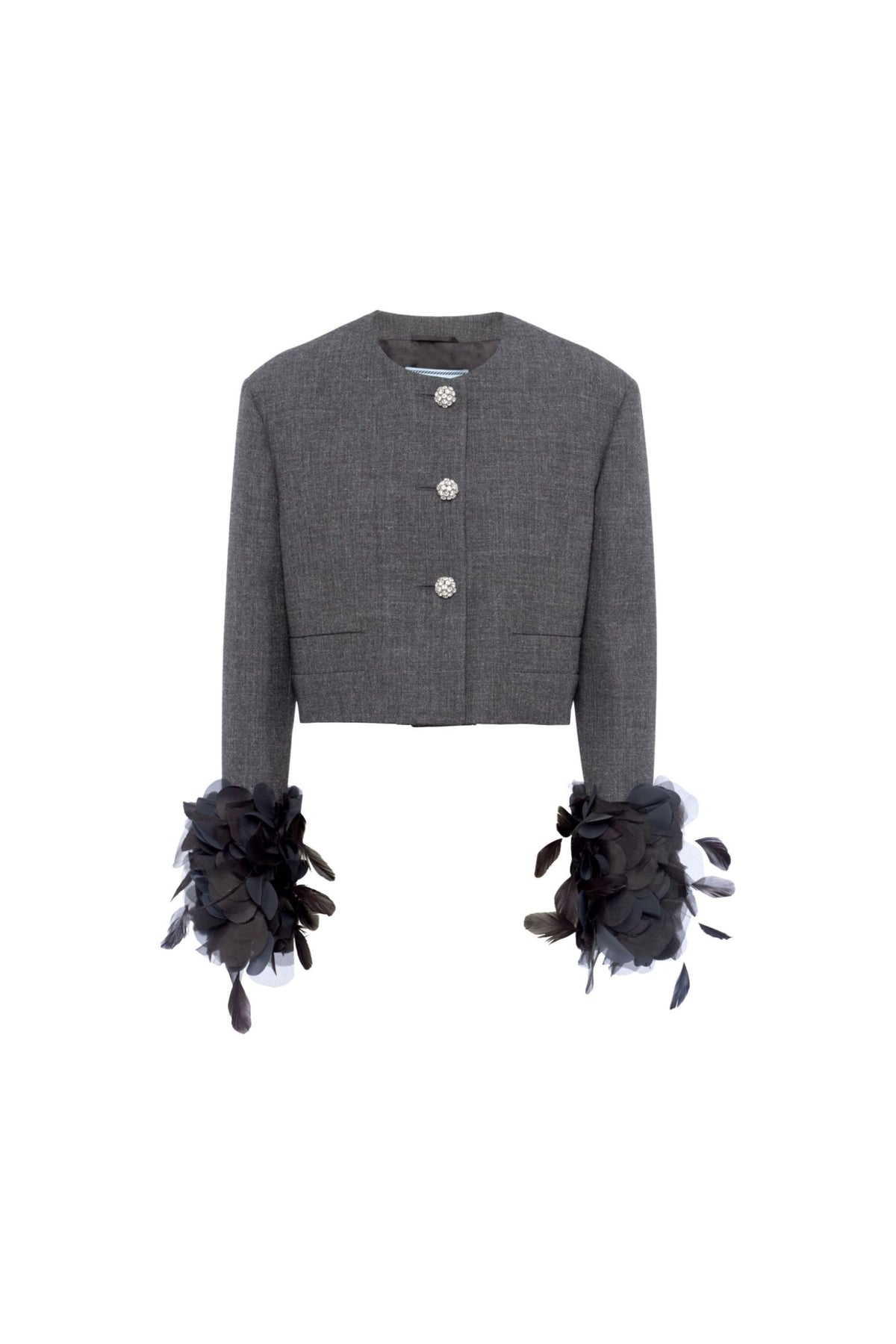 Feather-Trim Single-Breasted Wool Jacket Flowering Girl