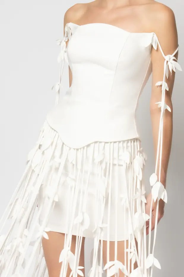 Hilary White Flower Tassel Strapless Mini Dress Flowering Girl