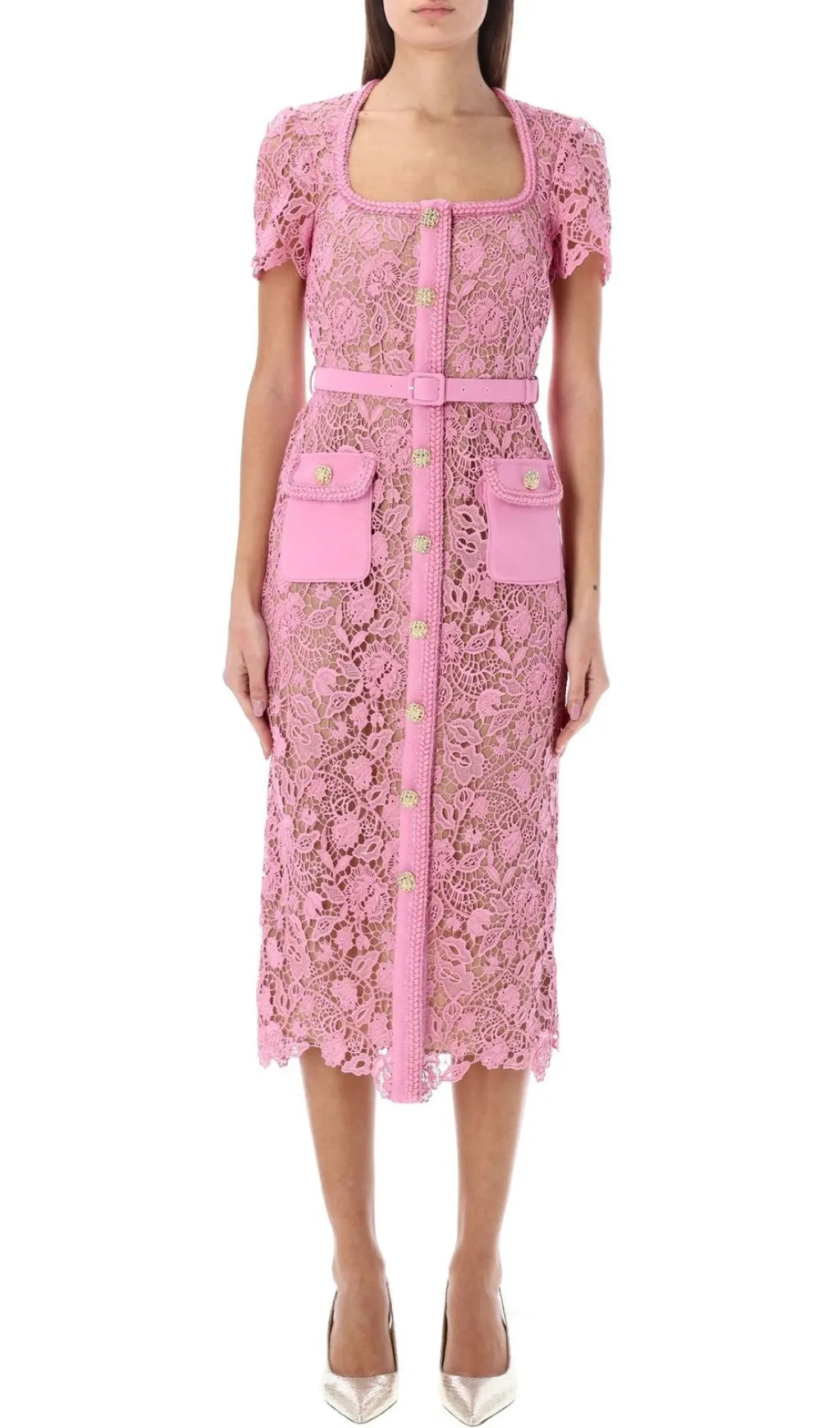 Anna Pink Guipure Lace Midi Dress