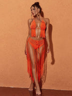 Berlin Knit Fringe Bikini Two Piece Set In Orange Flowering Girl