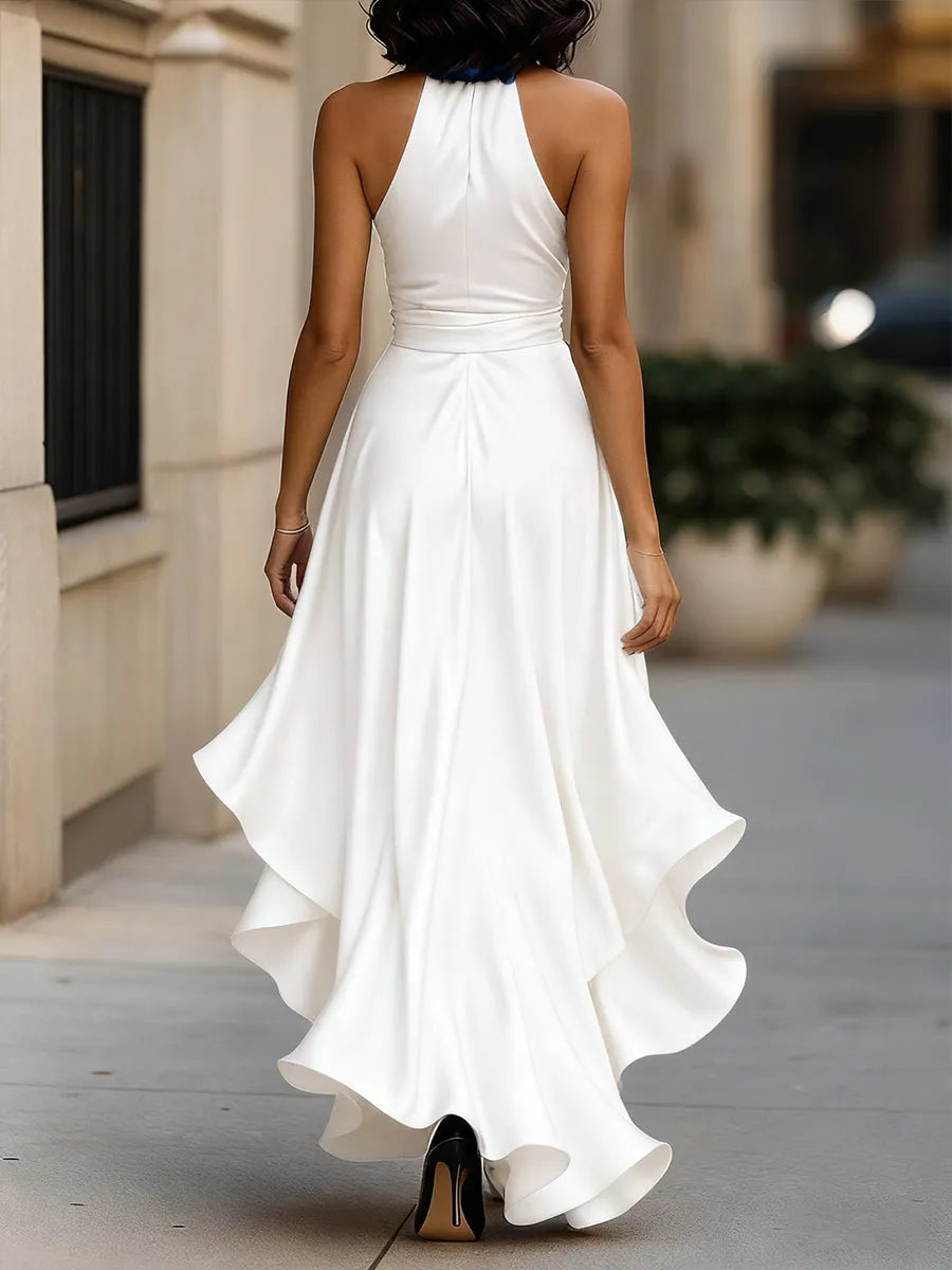 Midnight Elegance Satin Halter Ruffle Gown Flowering Girl