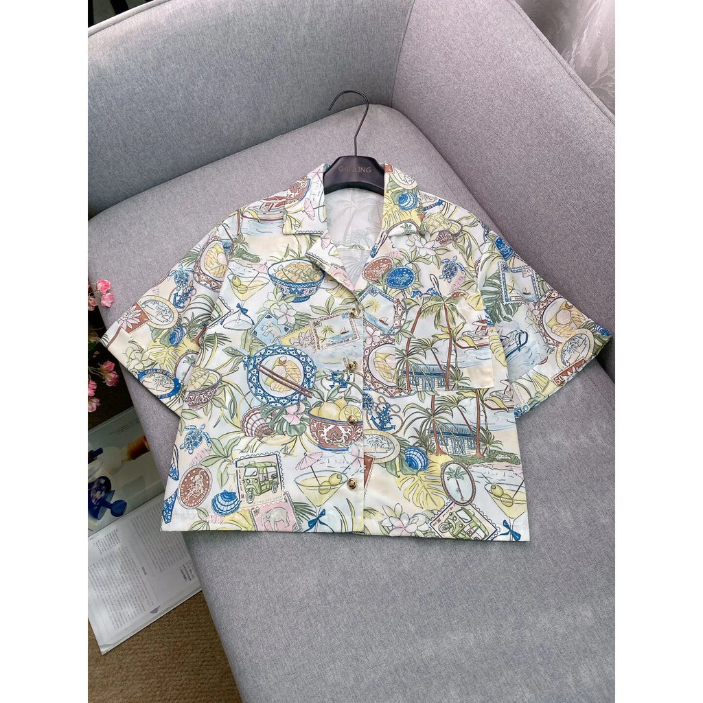 Patterned Cropped Shirt Flowering Girl