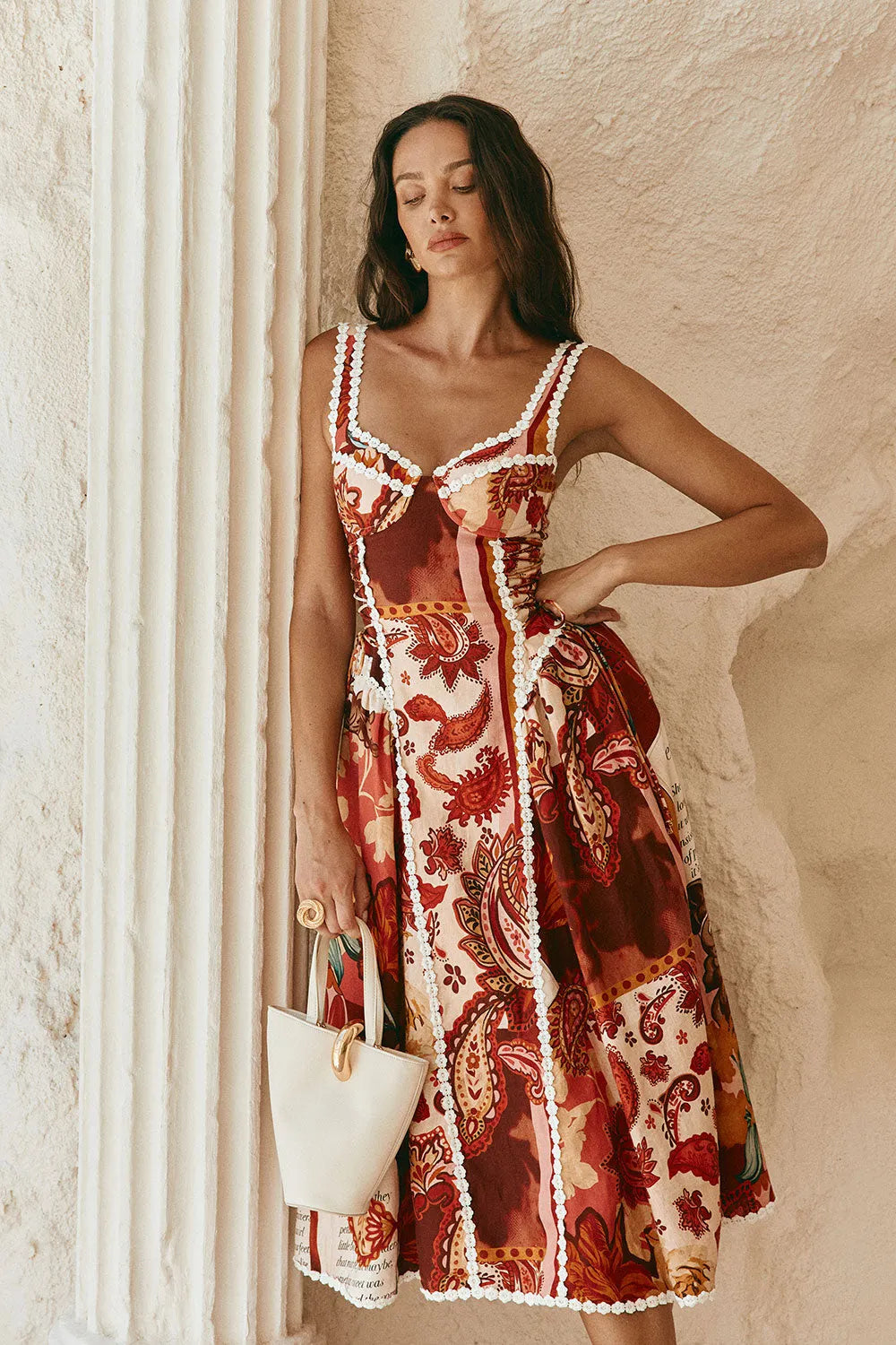 Pandora Spaghetti Strap Lace Linen Patchwork Midi Dress Flowering Girl