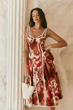 Pandora Spaghetti Strap Lace Linen Patchwork Midi Dress Flowering Girl