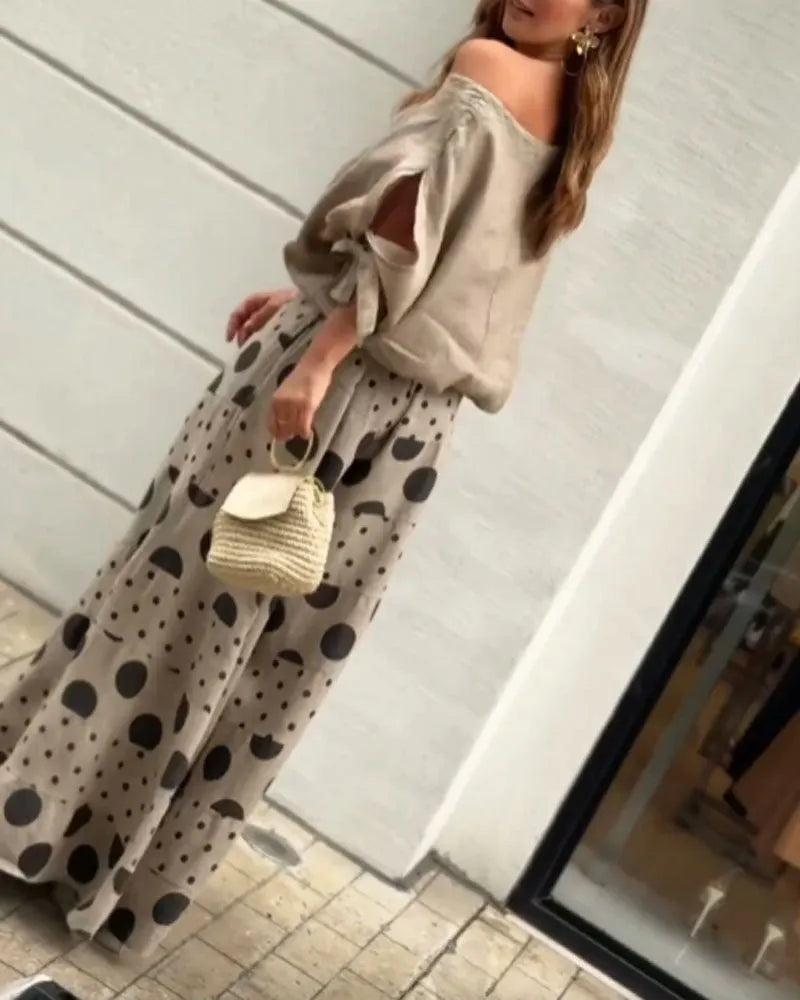 Casual Shoulder Top & Printed Pants Two-Piece Set Flowering Girl