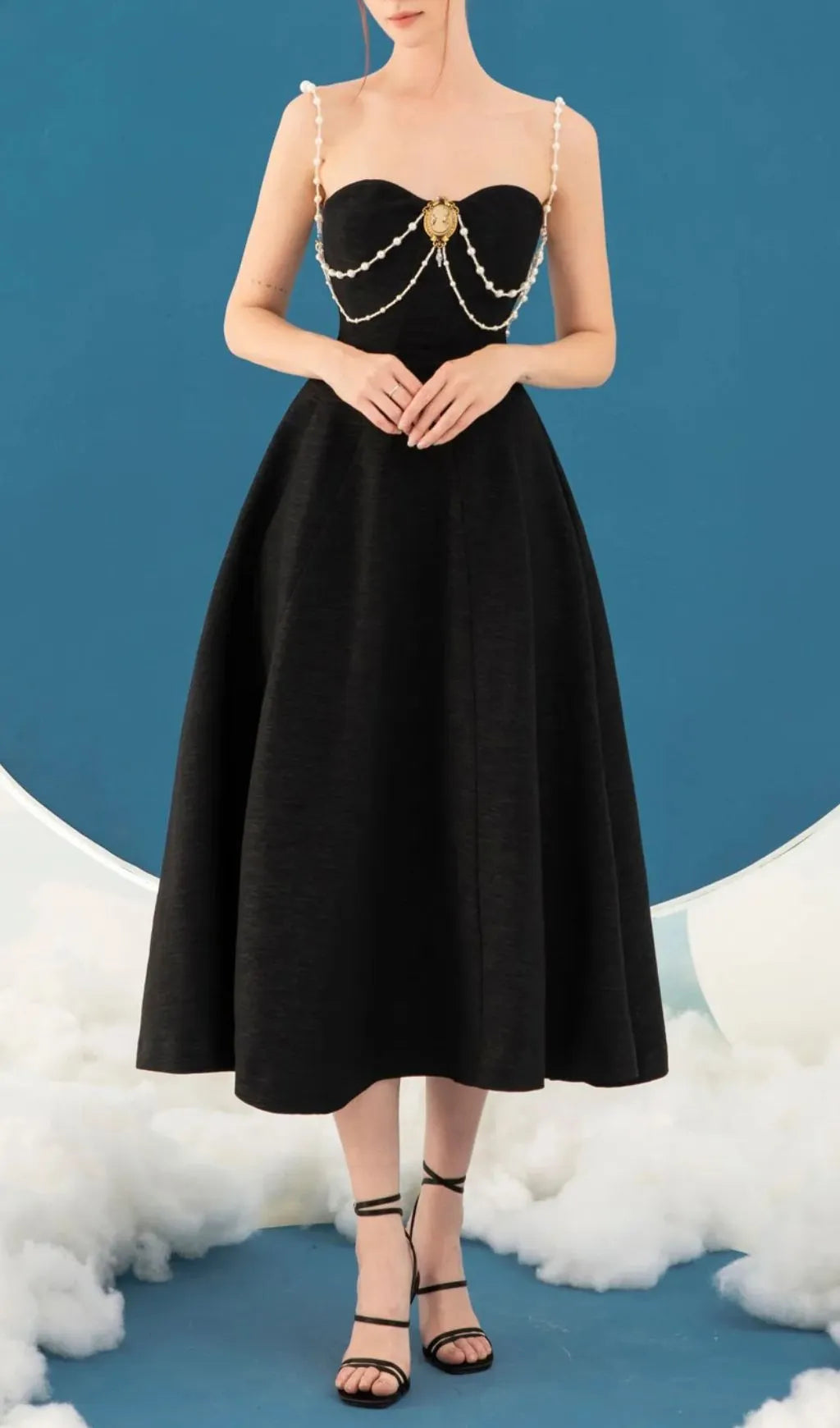 Ilyssa Black Beaded Strappy Midi Dress Flowering Girl