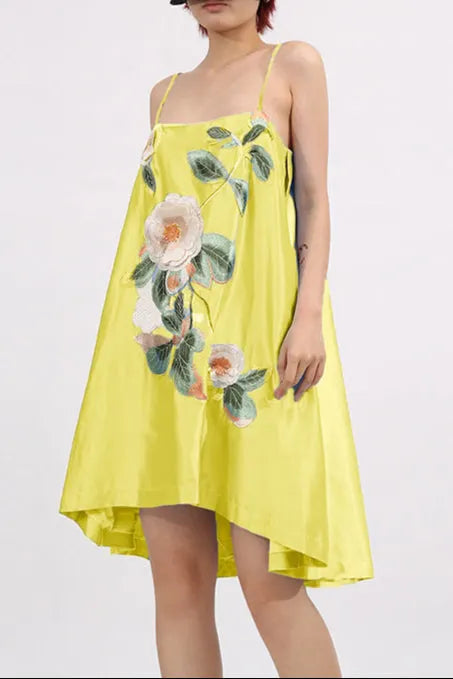 Edwina Applique Floral Embroidered Mini Dress In Yellow Flowering Girl