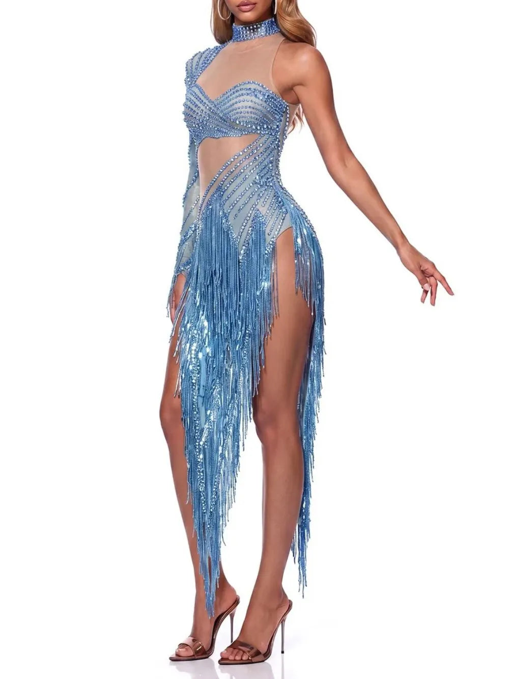 Solvian One Shoulder Rhinestone Fringe Bodysuit Flowering Girl