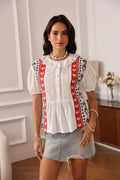 Embroidered Cotton Short-Sleeved Lace Hollow Button Top Flowering Girl