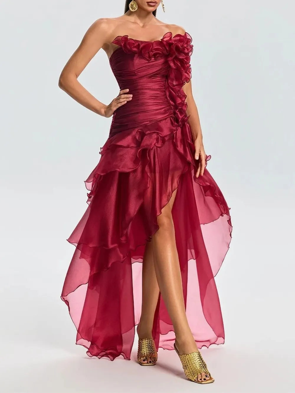 Quorvia Red Strapless Ruched Maxi Dress Flowering Girl
