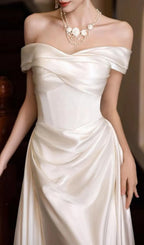 Kaur White Satin Off-Shoulder Wedding Dress Flowering Girl