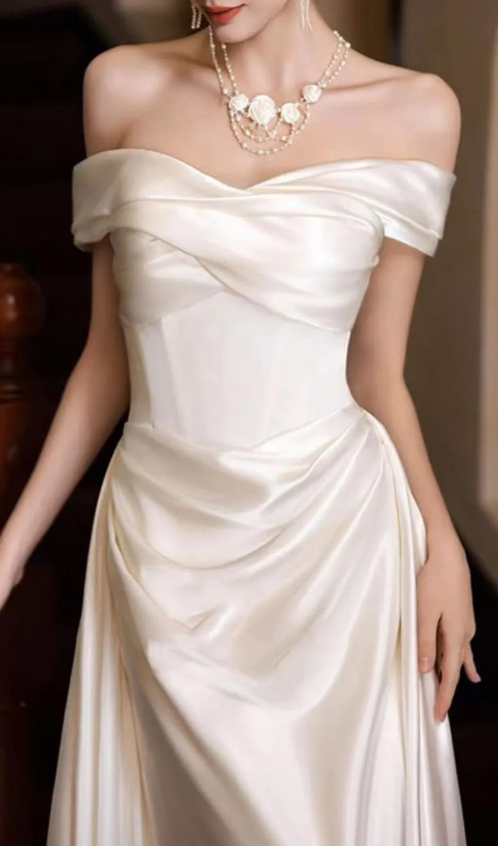 Kaur White Satin Off-Shoulder Wedding Dress Flowering Girl