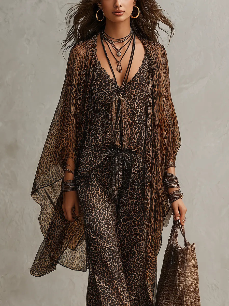Bohemian Gradient Leopard Print Flowing Robe Three-piece Set Flowering Girl