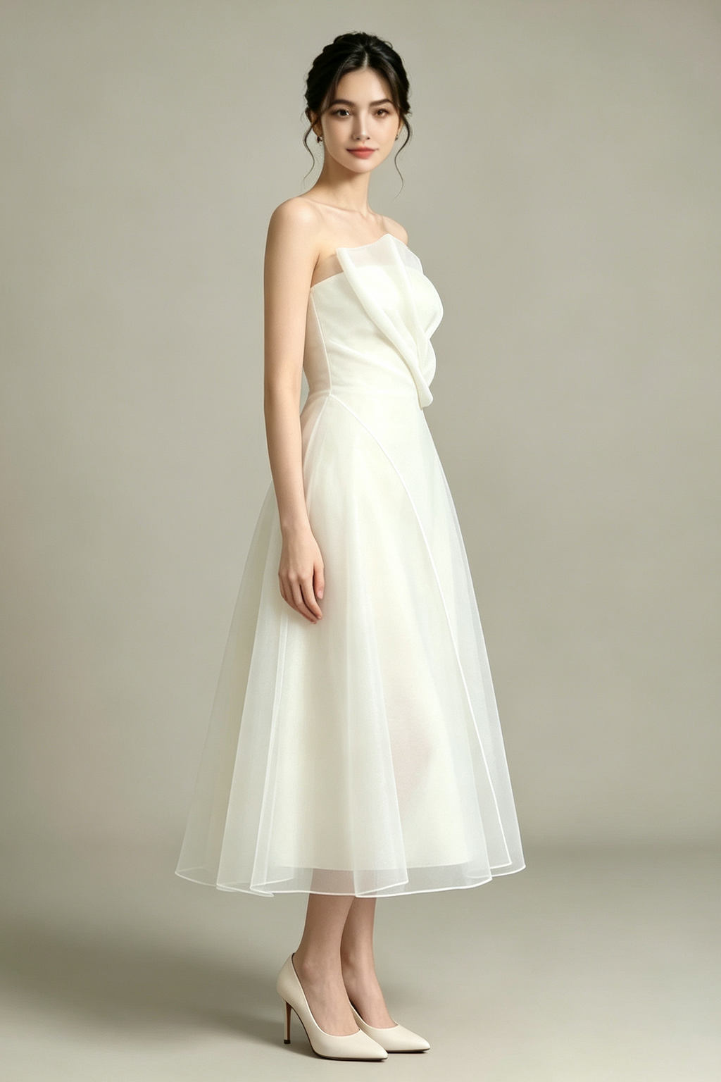Strapless Layered Organza Midi Dress in white Flowering Girl
