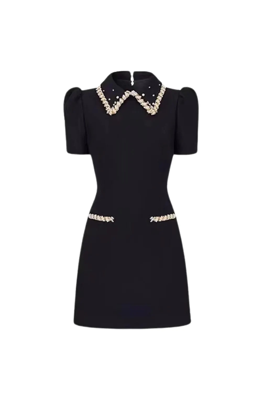 pearl embellished gold chain puff mini dress in black Flowering Girl