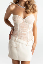 Rolyn Ruched Mesh Strapless Mini Dress - White Flowering Girl