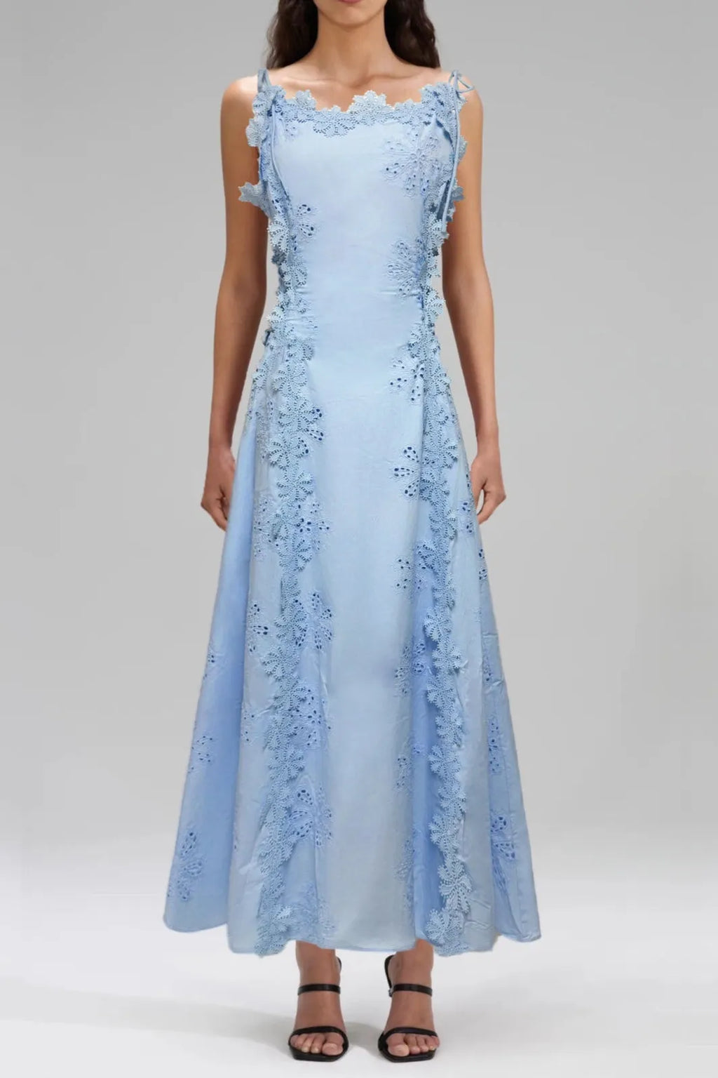 Lace Trim Embroidery Hollow Midi Dress In White Flowering Girl