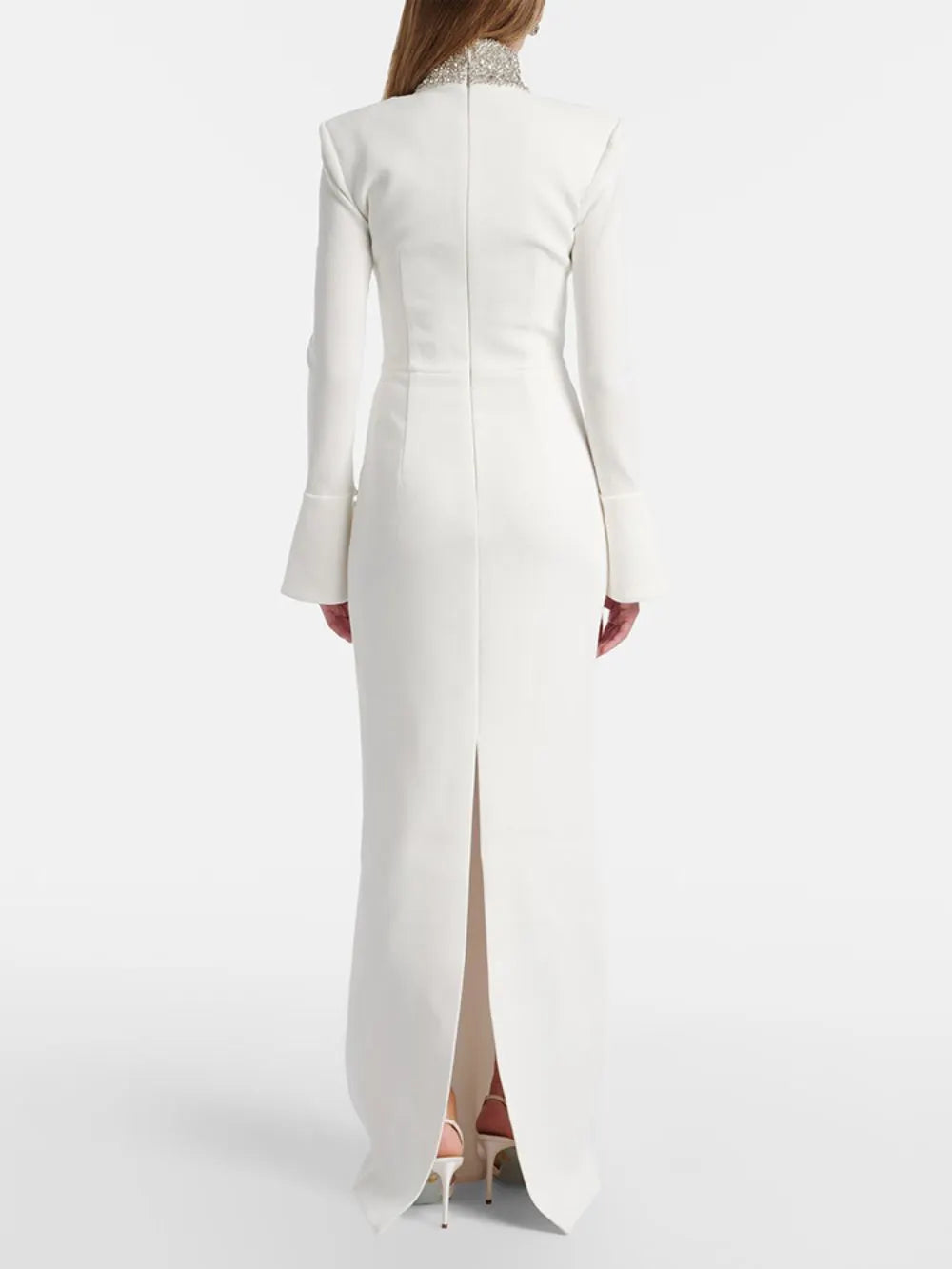 Long Sleeve Crystal Mesh Maxi Dress White Flowering Girl