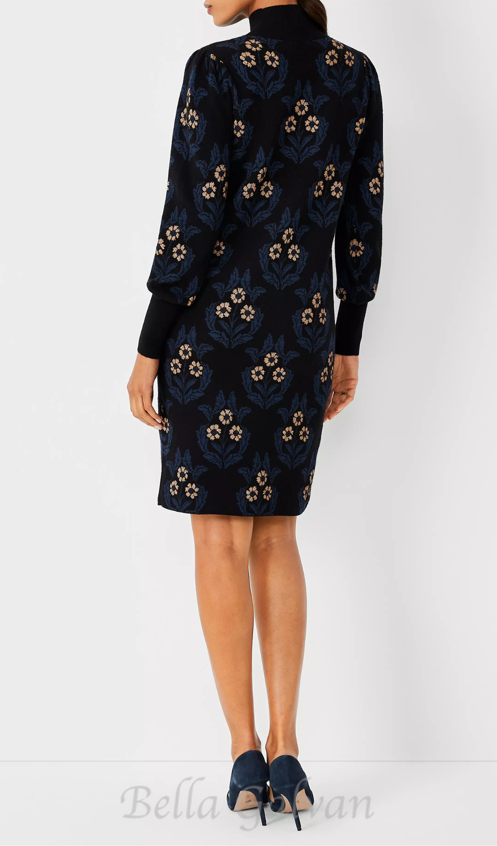 petite floral mock neck sweater dress in black Flowering Girl