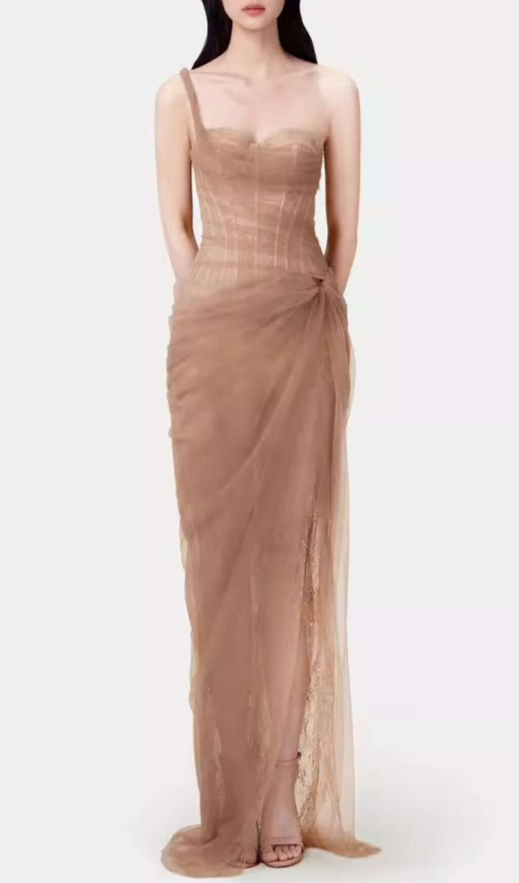 Anandi Brown Mesh Corset Maxi Dress Flowering Girl