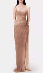 Anandi Brown Mesh Corset Maxi Dress Flowering Girl
