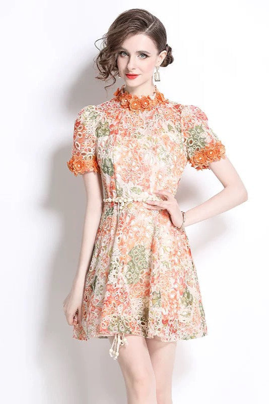 Embroidered hollow floral puff sleeves mini dress Flowering Girl