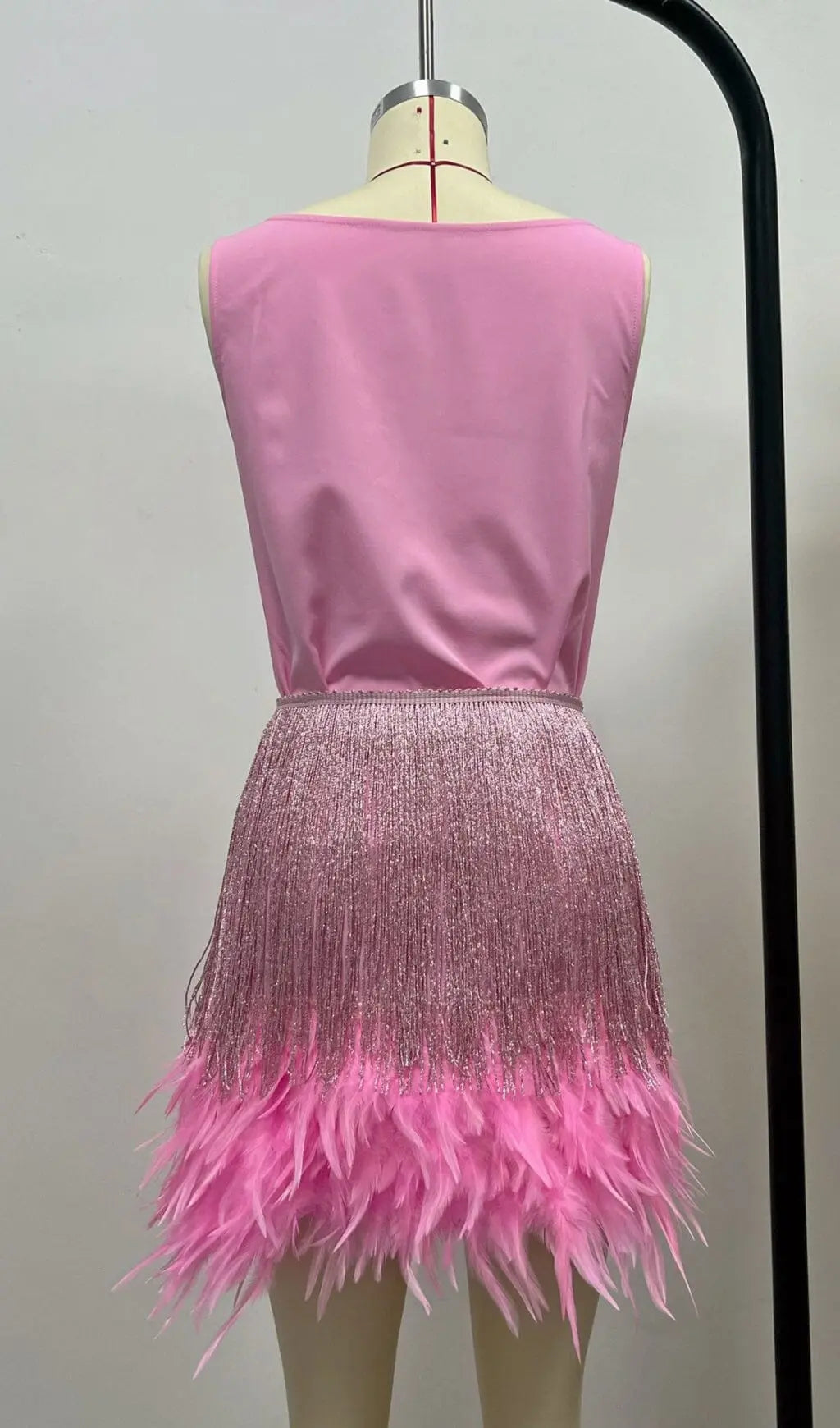 Shiny Fringe Feather Mini Dress In Pink Flowering Girl