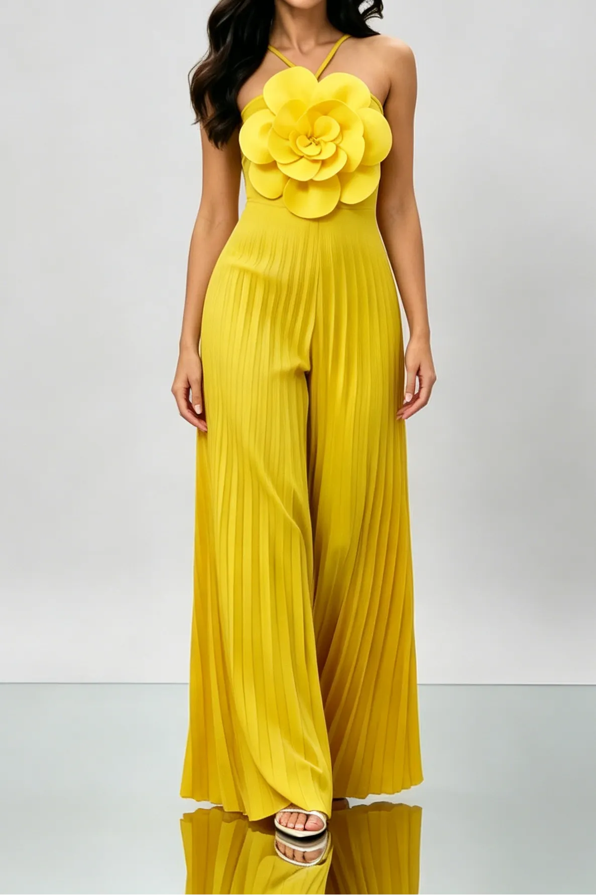 Bright Yellow 3D Floral Halter Pleated Wide Leg Jumpsuit Flowering Girl